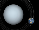 Artist's concept showing Uranus (left) and Earth (right) to scale. Uranus is four times the diameter of Earth. Uranus is the seventh planet from the Sun, Earth is the third.