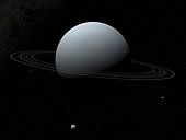 Artist's concept of how Uranus and its tiny satellite Puck might look from a position in space about a thousand miles above and beyond Puck itself. With a diameter of about 100 miles, Puck is the largest and outermost of the ten known inner satellites that orbit Uranus within a radius of 51 thousand miles. . Further in toward Uranus on the right is Belinda, a moon that is about 40 miles in diameter. Even closer to Uranus on the far left is the 60-mile-diameter satellite Portia. On Uranus itself can be seen a giant, cyclonic storm that's nearly as big as the Earth. During the past few years the Hubble Space Telescope has observed storms in Uranus' southern hemisphere, but the structure and an nature of these storms is unknown.