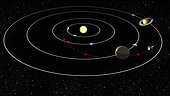 Artist's concept illustrating the gravity assist maneuver used by spacecraft through the solar system. 
