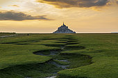 Mont Saint-Michel and its meanders at sunset, Manche, Normandy, France