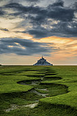 Mont Saint-Michel and its meanders at sunset, Manche, Normandy, France