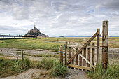 Saltmarsh barrier and footbridge to Mont Saint-Michel, Normandy, France