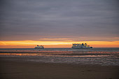 Ferries on the English Channel at sunset in summer, Opal Coast, Pas de Calais, France