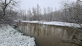 Secondary branch of the Loire in flood, under the snow, Loire Valley, France
