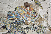 Gabbro thin section under cross-polarized light, Field of view - FOV = 3.4 mm , rolled block in the river Aube, France. Mention : UniLaSalle collection