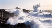 Waves against the rocks during the Elearnor storm at Pointe du Percho, Côte sauvage de Quiberon, Brittany, France