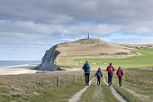 Hikers on the paths of Cap Blanc-Nez in spring, Pas de Calais, France