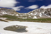 Mountain Landscape, view of mountain tops in Gran Sasso National Park with a patch of snow and a pool in the foreground, Abruzzo, Italy