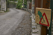 Toad crossing sign on a road in Saint-Martin-Vésubie, Alpes-Maritimes, France
