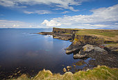 Staffa island coastline with basalt columns visible, Isle of Mull, Argyll and Brute, Inner Hebrides, Scotland, United Kingdom. May