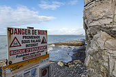 Sign warning of the risk of a cliff fall at Bois de Cise, Ault, Somme, France