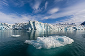 Ice floe on arctic waters fronting Lilliehook Glacier. Lilliehookfjorden, Spitsbergen Island, Svalbard, Norway.