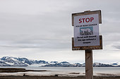 A danger sign warning of polar bears at the research station of Ny-Alesund. Ny-Alesund, Kongsfjorden, Spitsbergen Island, Svalbard, Norway.