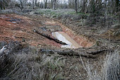 Digging a pond to promote amphibian reproduction in the Luberon Regional Nature Park, Vaucluse, France.
