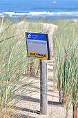 Panneau d'information et de sensibilisation concernant la fragilité du massif dunaire, Cap-Ferret, commune de Lège Cap-Ferret, Bassin d'Archachon, Gironde, France