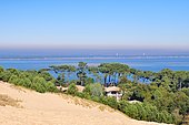 Avancée dunaire de la dune du Pilat, menaçant l'urbanisation au pied de celle-ci, Bassin d'Arcachon, Gironde, France