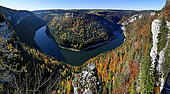Belvedere of Planchettes at the Swiss border, Chatelot dam, meander and gorges in autumn, Haut-Doubs, Doubs, France