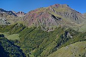 Gabedaille peak located on the border with Spain: massif showing the red sandstone of the permo-trias, Pyrenees National Park, Aspe Valley, Pyrénées-Atlantiques, France
