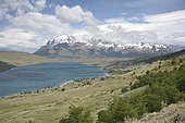 Laguna Azul and Torres del Paine Massif in the background, Torres del Paine National Park, XII Magallanes Region and Chilean Antarctica, Chile