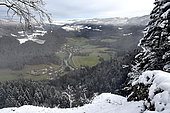 Côte de Maîche in winter, national road and village, Haut-Doubs, Doubs, France