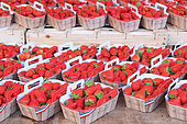 Etal de fraises de producteurs en barquettes en carton sur un marché en Gironde, France