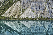 The Espinasses lake, under the Serre Ponçon lake in summer. Jurassic marl and limestone, Hautes Alpes, France