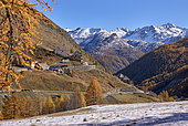 Haute Tinée in autumn, the hamlet of Bouseyas and the border ridges, Mercantour National Park, Alps, France