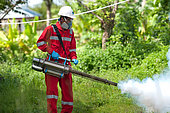 Man spreading insecticide, West Papua - Malaria control