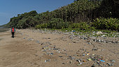 Plastic pollution on Ujung Kulon beach, National Park South Coast, West Java, Indonesia