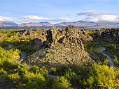 Dimmuborgir lava field, rock formations created by cooling of lava while flowing over wetlands and ponds. Landscape at lake Myvatn. Europe, Northern Europe, Iceland