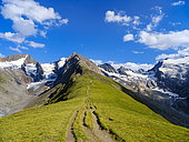 Valley Rotmoostal and valley Gaisbergtal seen from Mt. Hohe Mut, Oetztal Alps in the nature park Oetztal near village Obergurgl. Europe, Austria, Tyrol