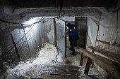 Ice coming out through the cement following the pressure exerted by the glaciation of the active layer of permafrost on the stairs leading to the underground laboratory of the permafrost institute allowing the study of permarfrost and storing the cores at negative temperatures, Yakutsk, Sakha Republic, Russia