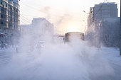 Exhaust from a bus on a street in Yakutsk, Republic of Sakha, Russia