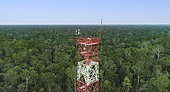Aerial carbon mesuring tower and peat swamp forest, Kampar Peninsula, Riau Sumatra, Indonesia
