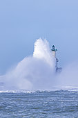 Waves crashing on the lighthouse of Boulogne sur mer during the Franklin storm, Opal Coast, Pas-de-Calais, France