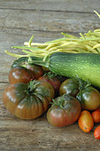 Harvest from the vegetable garden: courgette (Cucurbita pepo), butter beans (Phaseolus vulgaris), tomatoes (Solanum lycopersicum)