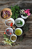 Garden treasures, edible and officinal plants: rose petals (Rosa sp), poppy (Papaver rhoeas), lime (Tilia sp), camomile (Matricaria recutita), mint (Menta sp), thyme (Thymus vulgaris), rosemary (Rosmarinus officinalis), saffron (Crocus sativus) in infusion and herbal tea
