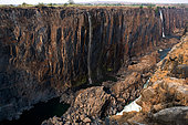 Victoria Falls in severe drought. Rare shot. Mosi-oa-Tunya National park, Zambiya. and World Heritage Site. Africa. Zimbabwe.