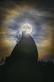 Moon halo behind the wolf rock, Parma, Italy