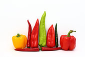 Composition of several types of sweet pepper of different shapes, colors and sizes on a light background. Natural product. Natural color. Close-up.