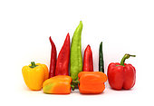 Composition of several types of sweet pepper of different shapes, colors and sizes on a light background. Natural product. Natural color. Close-up