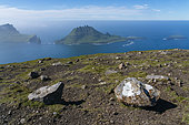 View of Tindholmur Island from Vagar Island, Faroe Islands, Denmark.