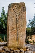 Menhir statue Filitosa V with long sword and dagger, Filitosa, Corsica, Filitosa, Corsica, France, Europe