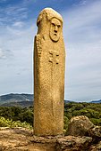 Menhir statue with carved face long sword and dagger, Filitosa archaeological site, Corsica, Filitosa, Corsica, France, Europe