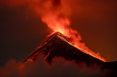 Volcán de Fuego (Volcano of fire) eruption at night, Sierra Madre de Chiapas, Guatemala.