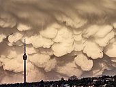 TV tower in front of dramatic mammatus clouds in the evening, Stuttgart, Baden-Württemberg, Germany, Europe