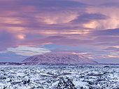 Lava field Dimmuborgir during winter near Myvatn, Iceland. Lava field Dimmuborgir during winter near lake Myvatn in the highlands of Iceland in deep snow. View towards south into the central highland wiht mount Sellandafjall . europe, northern europe, iceland, February