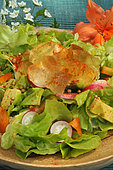 Mixed salad: Lemon, Green salad, Avocado, Radish, Pepper, Coriander seeds, Aloe vera, Daisy (edible flower), Spice - Healthy food