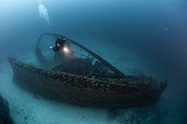 Scuba Diver at Fortunal Wreck, Vis Island, Mediterranean Sea, Croatia