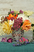 Bouquet of garden flowers: Rose, Fortune meadowsweet, Clover, Elder, Seringa